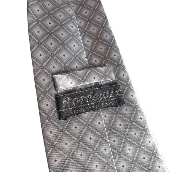 Bordeaux Men Silk Necktie Silver Gray Geometric Pattern Vintage Designer Office - Picture 4 of 5